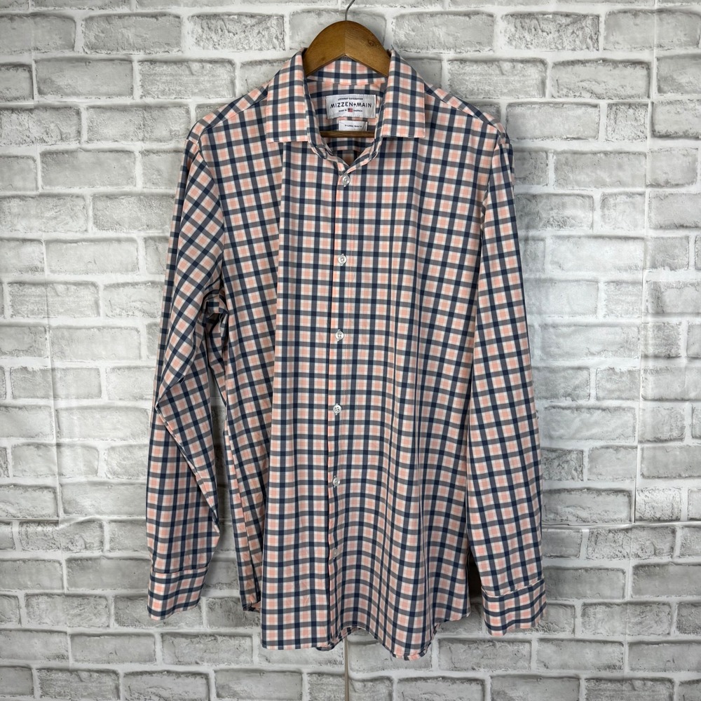 Mizzen+Main Leeward Collection Dress Shirt Mens XL Trim Fit Navy Peach Check